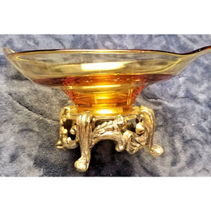 Vintage Mid Century Diamond Shape Amber Glass Bowl Ornate Brass Pedestal Base‎